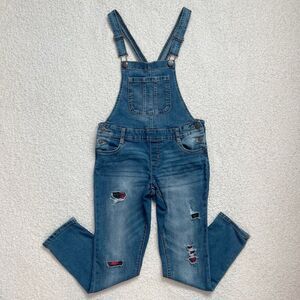Justice Denim Overalls Size 12 Long Pants Jeans Red Plaid Holes Rips Girls Kids